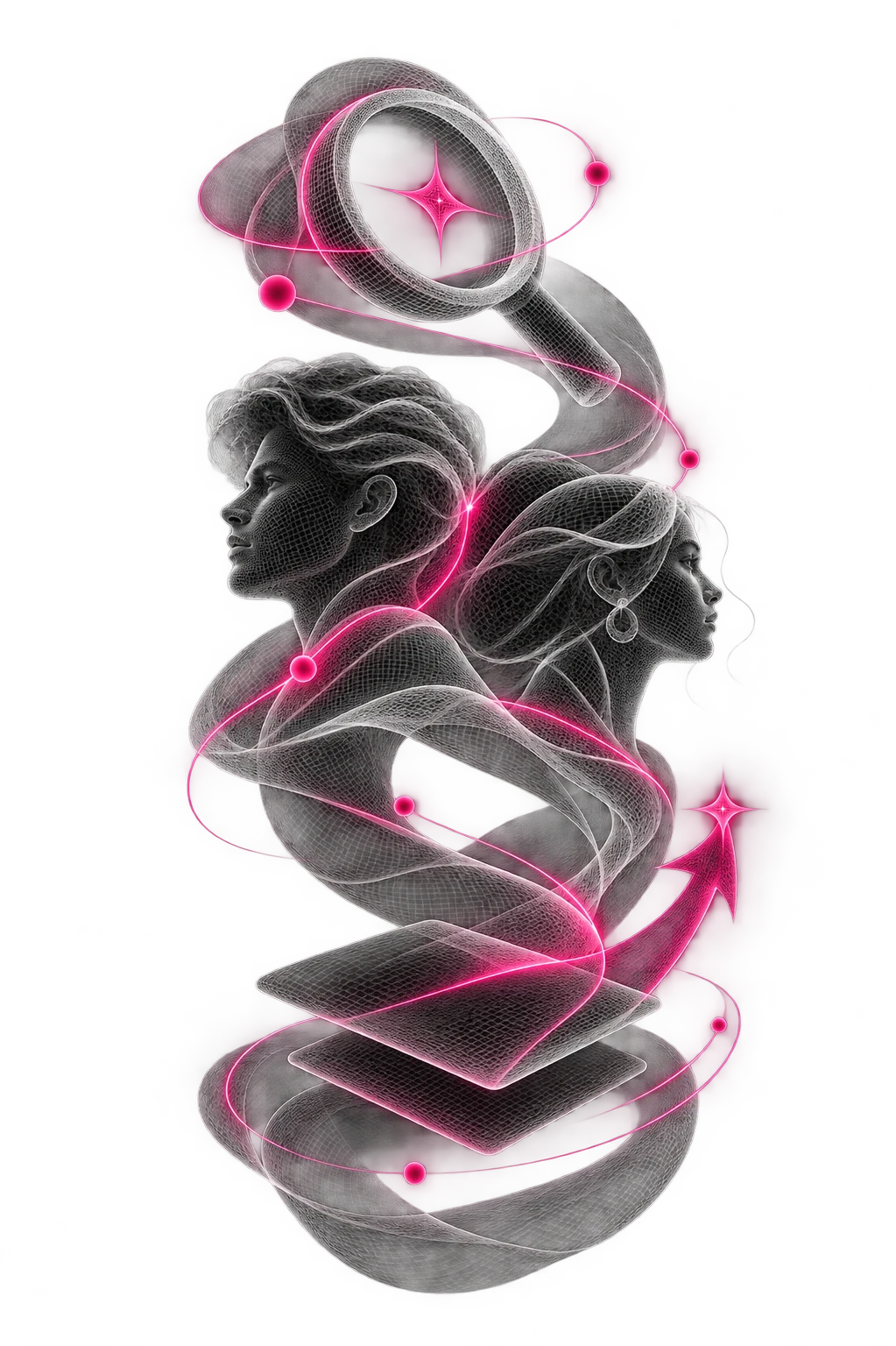 Two Star avatars linked by a data helix running through a search lens